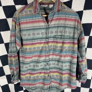 Vintage 90s Multicolor Geometric Print Long Sleeve Button Up Collared Top Medium
